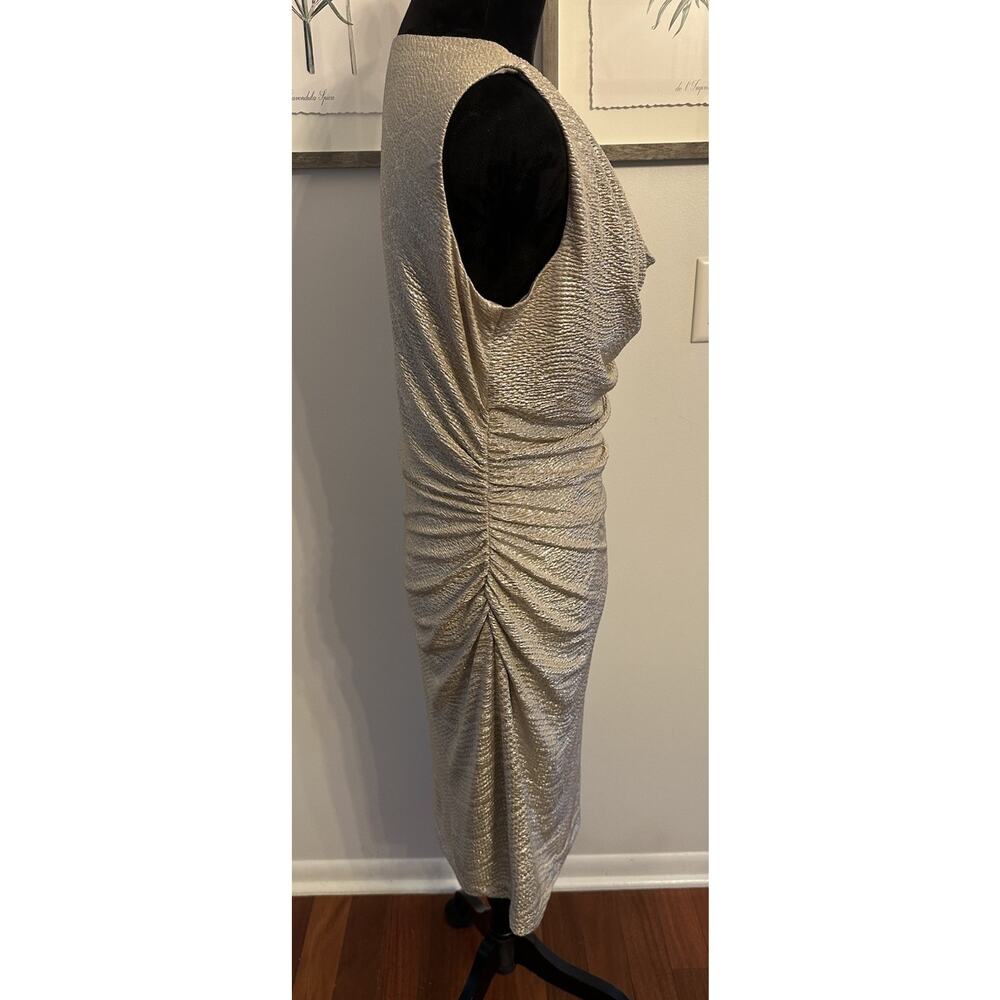 Gold Metallic Dress Ruched Sleeveless Drapey Cowl Neck Sheath Size 12 Cocktail - Picture 3 of 7
